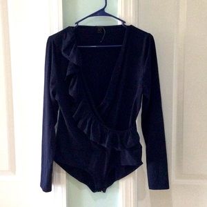 J Crew Ruffled Bodysuit Large Navy Blue